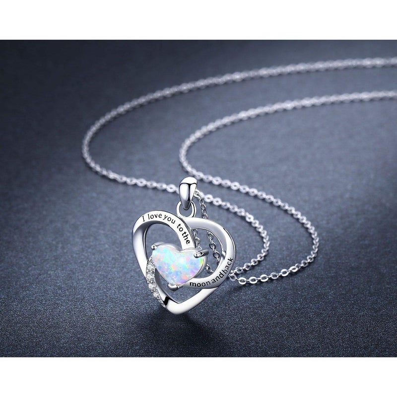Cuoka I Love You To The Moon and Back Necklace 925 Sterling Silver Heart Opal October Birthstone Lover Pendant Necklace for Women Wife - Image 2